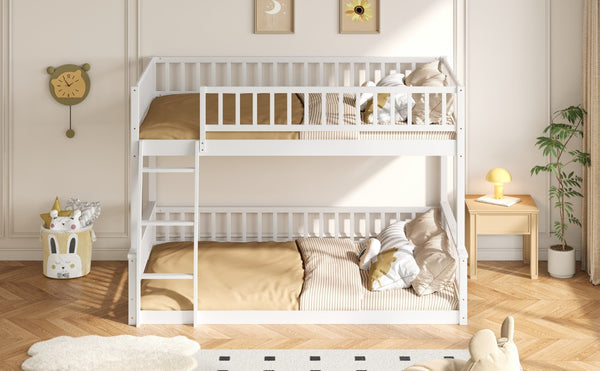 English Elm Full Xl Over Queen Bunk Bed Pine Frame with Guardrails Ladder and Slat Support White GX000450AAK