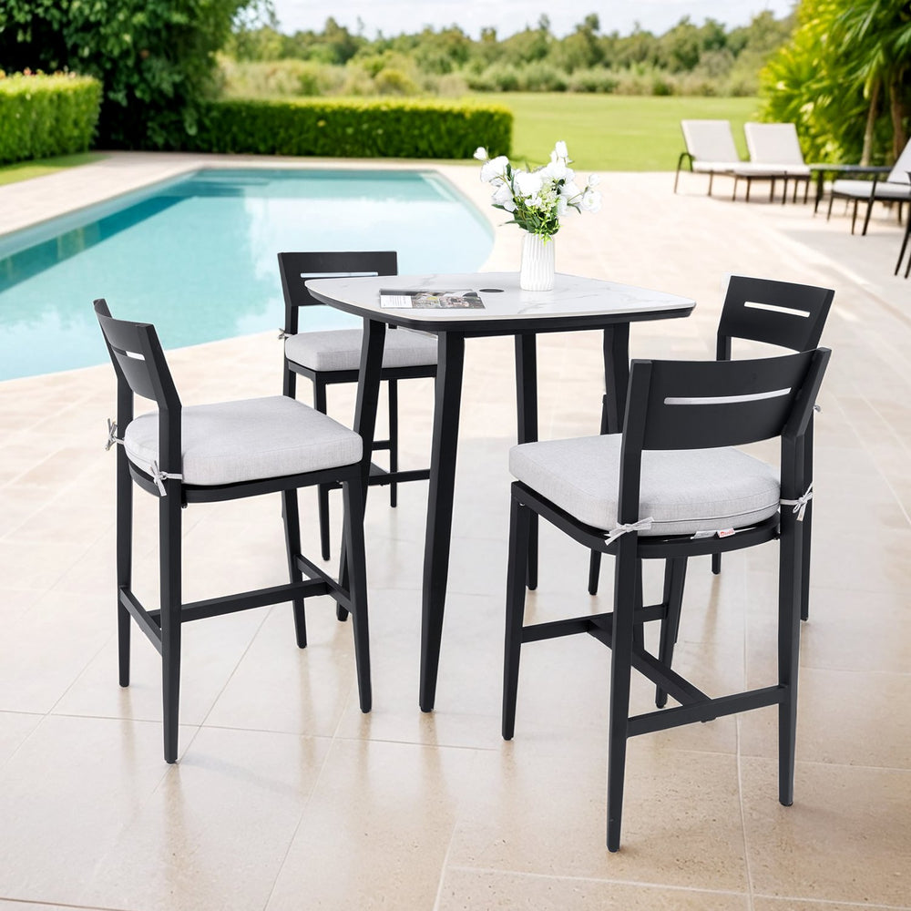 English Elm Modern 5Pc Outdoor Patio Bar Set – Stylish Sintered Stone Table & Comfortable Aluminum Stools! W1886S00022