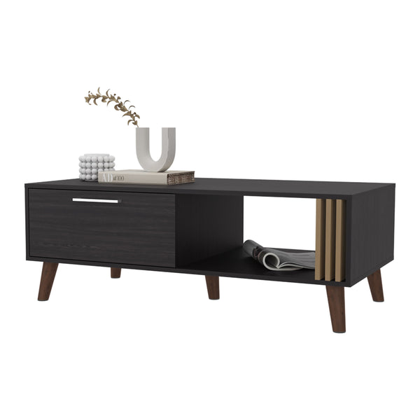 English Elm Govan Mid-Century Coffee Table with Door & Open Shelves, Conical Legs, Wengue Finish, Durable Design B128P263709