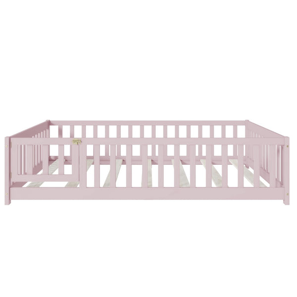 English Elm Twin Solid Rubberwood Floor Bed with Full Perimeter Safety Rails for Toddler Rooms Pink W504P296791