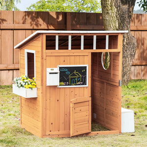 English Elm Outsunny Solid Fir Wood Kids Outdoor Playhouse with Door Windows Bench Mailbox W2225P217343