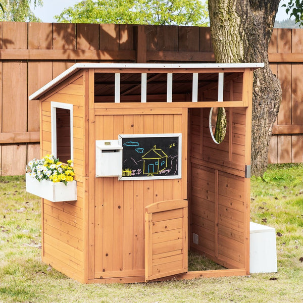 English Elm Outsunny Solid Fir Wood Kids Outdoor Playhouse with Door Windows Bench Mailbox W2225P217343