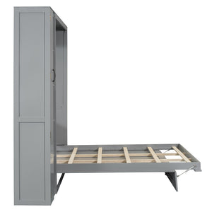 English Elm Queen Murphy Wall Bed with Led Lighting Open Shelves and Wardrobe Cabinet Storage LP000899AAE