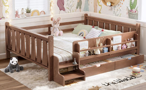 English Elm Queen Bunk Bed with Trundle Solid Pine Kids Car Themed Frame Built-in Bookshelf Natural W1580S00543