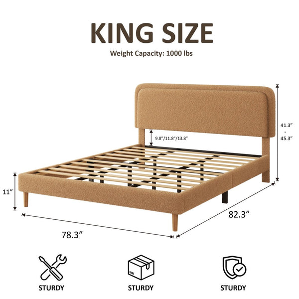 English Elm Queen Velvet Tufted Platform Bed Adjustable Headboard Steel Frame No Box Spring Brown W5239P503303