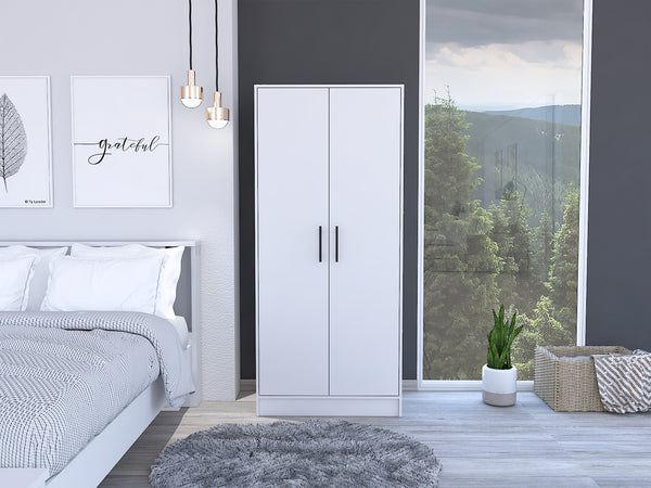 English Elm Rio White Double Door Armoire 71" High with Hanging Rod, Spacious Top Shelf & Hidden Bottom Drawer B128S00112