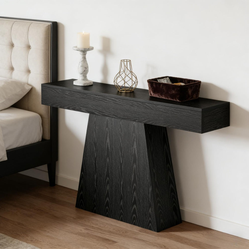English Elm Practical Geometric Console Table with Matte Black Wood Grain Finish for Entryway or Sofa T3971P450227