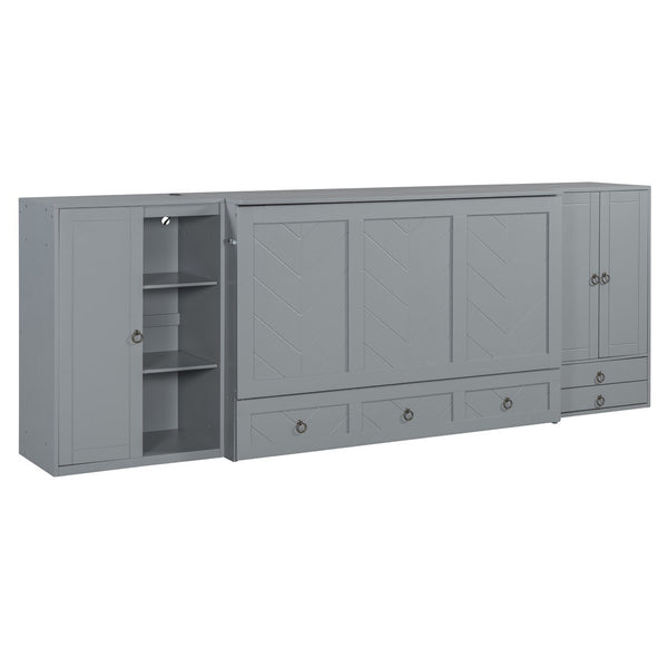 English Elm Queen Murphy Bed with Wardrobe Cabinets Built-in Usb Charging and Concealed Drawers Gray LP000590AAE