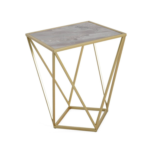 English Elm Creative Tempered Glass Top Side Table Gold Iron Frame Modern Glam Accent Piece N770P234478G