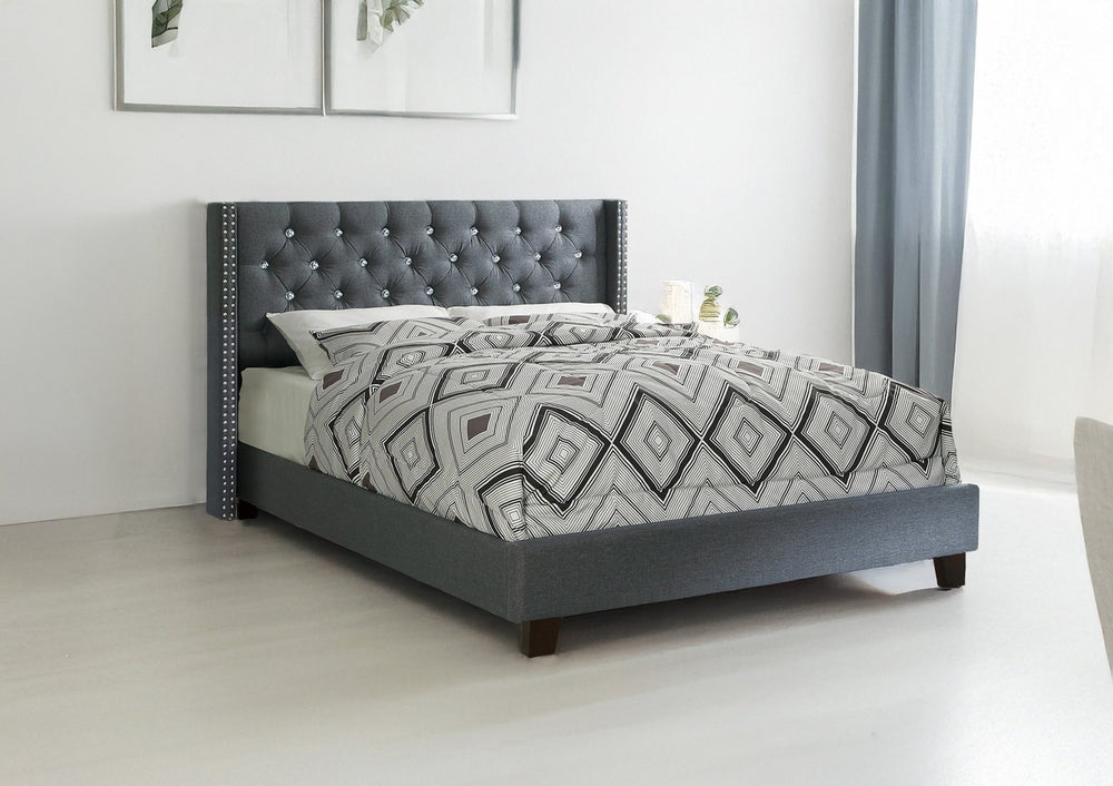 English Elm Contemporary Diamond Tufted Full Platform Bed Nailhead Trim Blue Gray Upholstered Frame B011S02054
