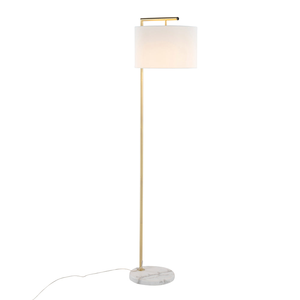English Elm Fran Sleek Marble Floor Lamp with Gold Metal Stem and White Linen Shade—Modern Chic Lighting B202P224139