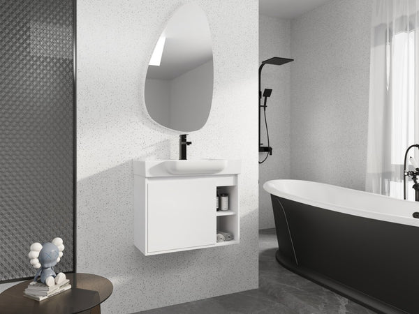 English Elm 28'' Floating Bathroom Vanity with Ceramic Sink Soft Close Door Melamine Cabinet Glossy White W999P426642