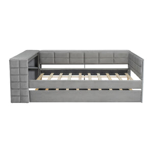 English Elm Full Size Upholstered Platform Bed With Trundle, Charging Station, And Smart Storage In Gray Velvet N7090000604E
