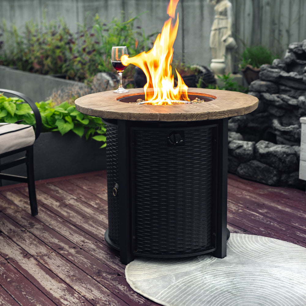 English Elm 30" 50000BTU Propane Fire Pit Table with Faux Wood Grain Top, Stainless Burner, Glass Rocks, Black W853P194144