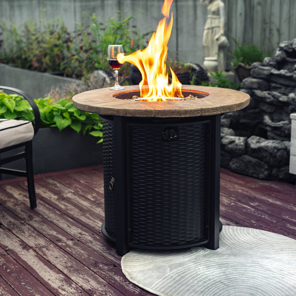 English Elm 30" 50000BTU Propane Fire Pit Table with Faux Wood Grain Top, Stainless Burner, Glass Rocks, Black W853P194144