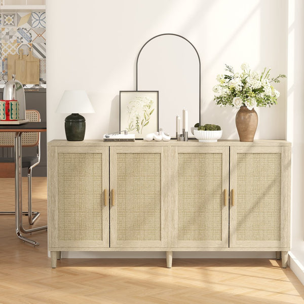 English Elm 70" Rattan Buffet Cabinet with Stylish Woven Doors, 4-Door Sideboard with Adjustable Shelves, Sturdy MDF Frame and Solid Wood Legs Natural W757P279742