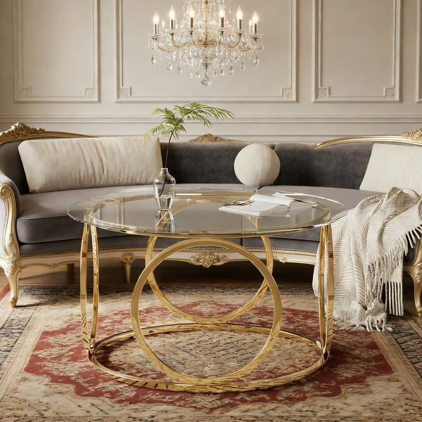 English Elm 31.50'' Round Chrome Ring Glass Coffee Table Two Tier Smoked Tempered Top Modern Living Room W757P412798