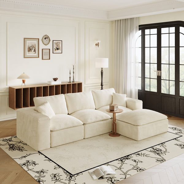 English Elm 108" Cloud Sectional Couch Modular L-Shape Chaise, Plush Corduroy Upholstered Sofa with Deep Seat Beige W3361S00003