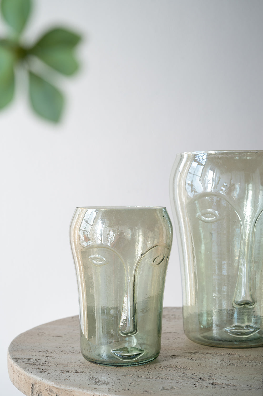 English Elm S/2 Handcrafted Green Glass Vases with Abstract Face Motifs, Round Open Silhouettes for Stylish Decor and Florals W2078P392202