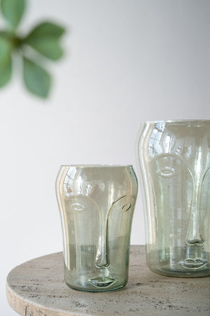 English Elm S/2 Handcrafted Green Glass Vases with Abstract Face Motifs, Round Open Silhouettes for Stylish Decor and Florals W2078P392202