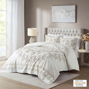 Madison Park Violette Global Inspired 3 Piece Tufted Cotton Chenille  Coverlet Set MP13-7145 Ivory/Taupe