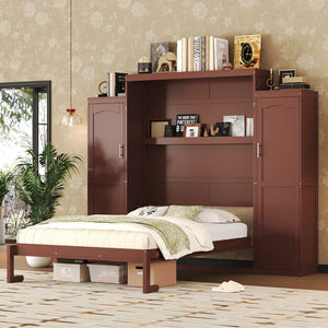 English Elm Queen Murphy Wall Bed Walnut Wooden Frame Dual Wardrobes Foldable Guest Room Storage N733S235627D