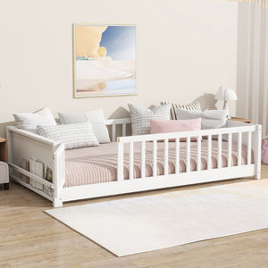 English Elm Twin Size Floor Bed With Integrated Book Rack & Cozy Nook For Imaginative Kids’ Bedrooms, White W504P345769-GIGA