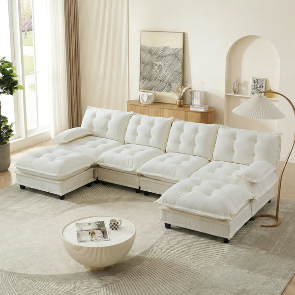 English Elm 138" U-shaped Chenille Cloud Sectional Sofa Four Seat Modular with Ottomans Lounge W714S01685