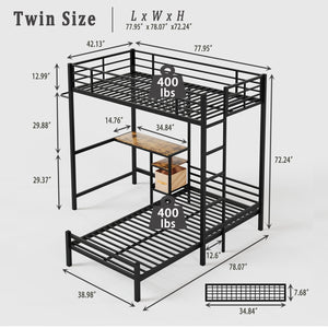 English Elm Bunk Bed Twin Over Twin With Integrated Desk, Storage, Safety Guardrails & Ladder - Black Metal Design W3752P378630