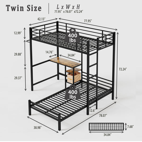 English Elm Bunk Bed Twin Over Twin With Integrated Desk, Storage, Safety Guardrails & Ladder - Black Metal Design W3752P378630