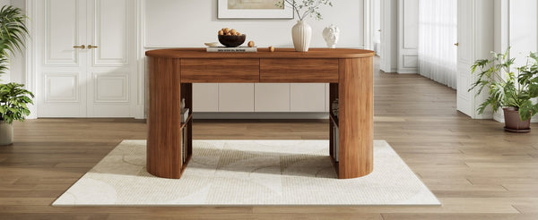 English Elm Storage Writing Desk with Curved Base Open Shelves and Drawers for Home Office Dark Walnut N757P306285D