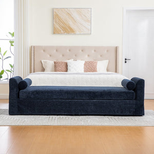 English Elm 88.58" Wide Chenille Upholstered Bench with Curved Armrests and Bolster Pillows for Bedroom Navy W3189S00029