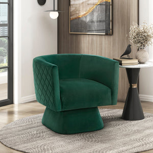 English Elm 1pc Swivel Chair with Velvet Upholstery and Solid Wood Base, Diamond-Stitched Back, Comfortable Lounge Seat Green 29.5 L x 28.5 W x 19 H B011P287558