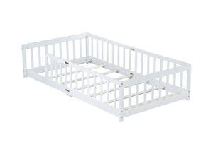 English Elm Twin Size Floor Bed With Safety Guardrails - Durable Rubberwood, Minimalist White Design For Kids W504P286396-GIGA