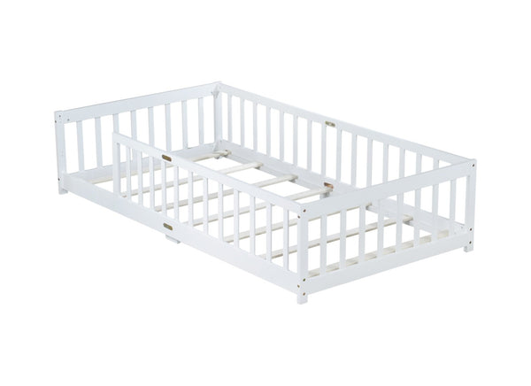 English Elm Twin Size Floor Bed With Safety Guardrails - Durable Rubberwood, Minimalist White Design For Kids W504P286396-GIGA