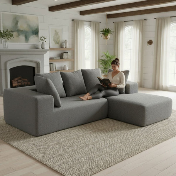 English Elm Full Foam Modular L-shaped Sectional Sofa Flannelette Upholstered with Five Throw Pillows Grey-Blue W3326S00024