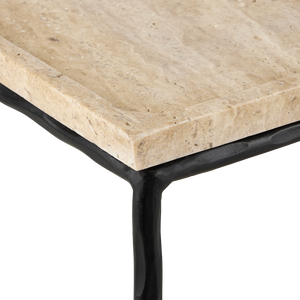 Boyles Modern Travertine Side Table with Unique Pitted Design & Black Forged Iron Base - 21.5" High