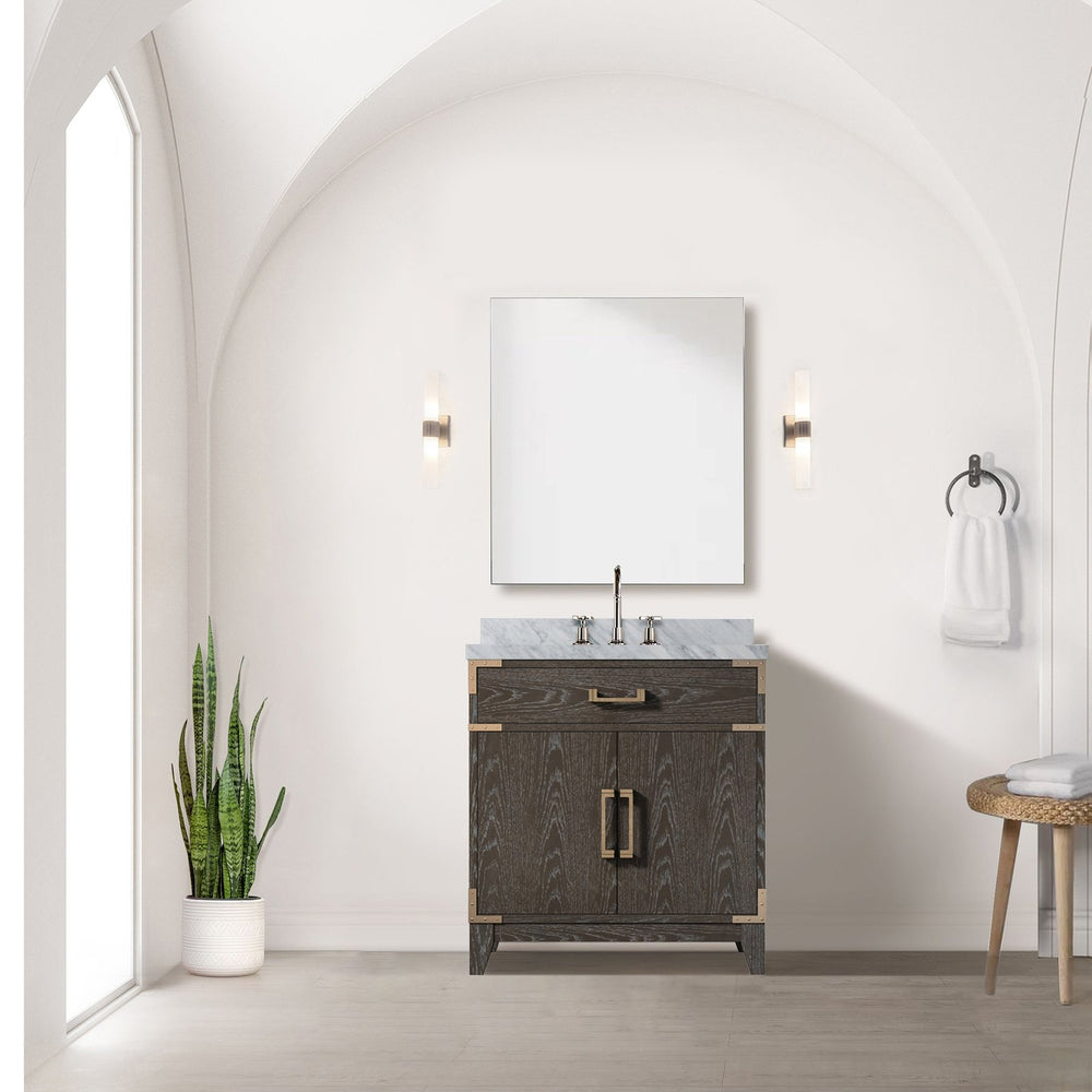 English Elm Brown Oak Single Bath Vanity With Carrara Marble Top, Chrome Faucet Set – Elegant Storage Solution! B2731P259758