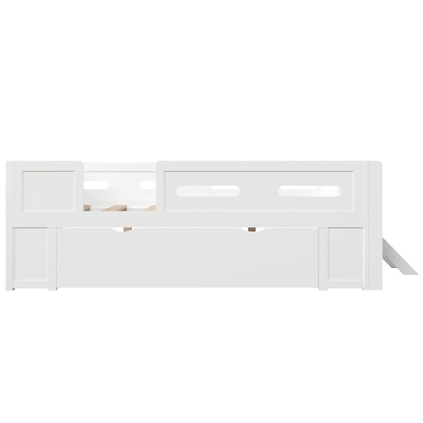 English Elm Wood Twin Platform Bed for Kids with Fence Guardrail and Under Storage Drawer White N709P385776K