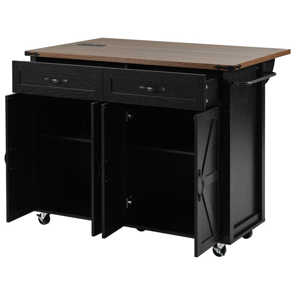 English Elm K&K Farmhouse Kitchen Island Cart 53.5" with Drop Leaf, Built-In Power Station, Ample Storage & Wheels Black N707P170348B