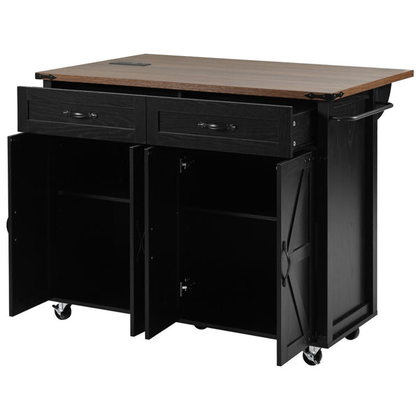 English Elm K&k Farmhouse Rolling Kitchen Island with Drop Leaf Power Outlets and Storage Cabinet Black N707S170348B