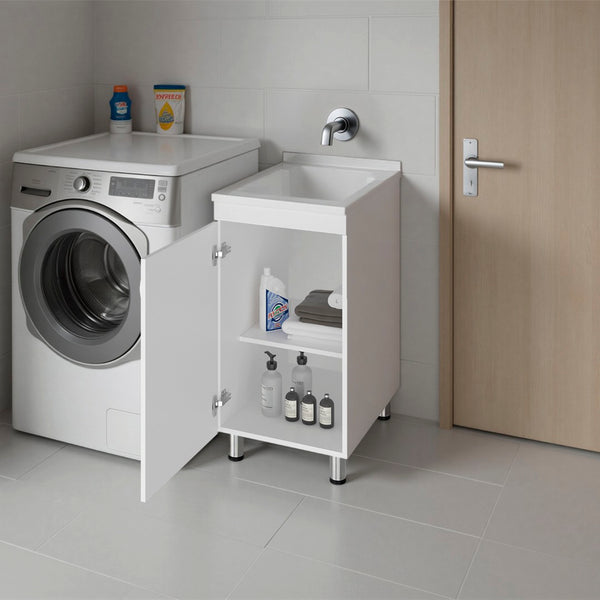 English Elm Mylo Freestanding Utility Cabinet with Open Shelf Concealed Door White Finish B097S00267
