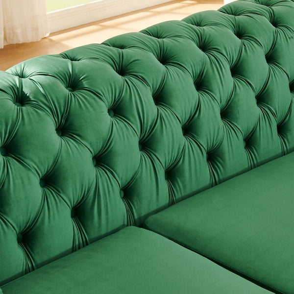 English Elm 106 Inch Velvet Tufted Chesterfield Sectional with Gold Steel Legs for Large Living Rooms Green W1191S00127