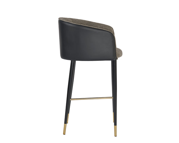 Sunpan Asher Modern Barrel Back Barstool with Stylish Black Steel Legs and Elegant Gold Foot Caps Sparrow Grey / Napa Black
