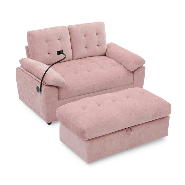 English Elm Leisure Chenille Two Seat Reclining Sofa with Usb Port Storage Ottoman Padded Armrests Pink W487S00519