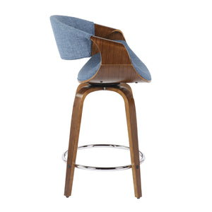 English Elm Curvini Walnut Mid-Century Counter Stool Set of 2 with Blue Fabric, 360° Swivel, Curved Arms, 25" high B202S00027