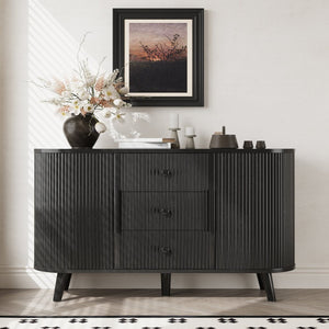 English Elm Sideboard Fluted Credenza with Three Drawers Two Doors Matte Black Modern Storage Black T3773P417309