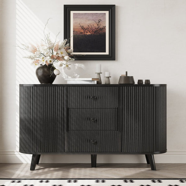 English Elm Sideboard Fluted Credenza with Three Drawers Two Doors Matte Black Modern Storage Black T3773P417309