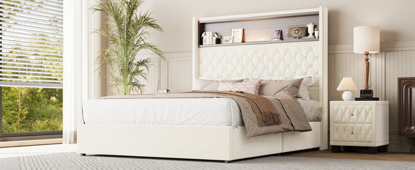 English Elm Full Velvet Wingback Platform Bed Tufted Headboard Shelf Usb Port Rivet Trim N733P368653A