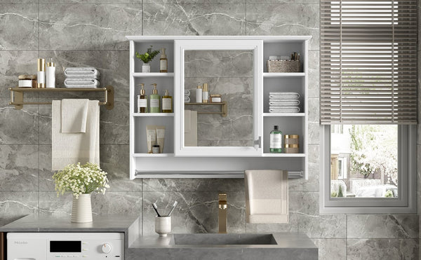 English Elm 3-in-1 Wall Mounted Medicine Cabinet with Soft Close Door Towel Bar and Vanity Mirror White N710P358618K